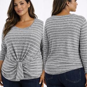 Gibson Gray Ivory Stripe Twist Front Top 2X Soft Stretch Knit NWT